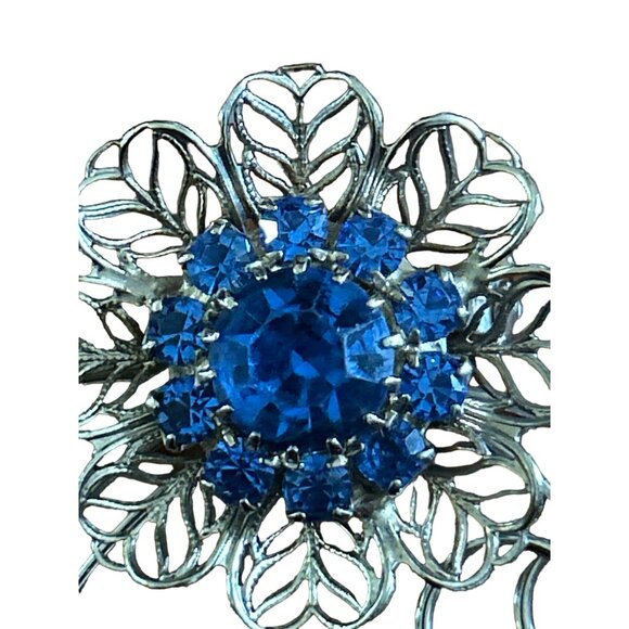Vintage Silver Tone Blue Rhinestone Flower Brooch Pin - Picture 2 of 5
